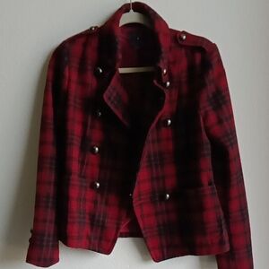 FOREVER 21 Red Plaid Double-Breasted Military Jacket